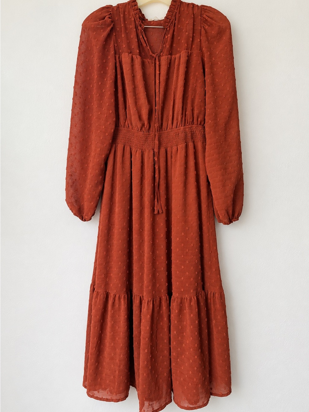 By The River Brand Rust Terracotta Swiss Dot Smocked Midi Dress Long Sleeve Boho